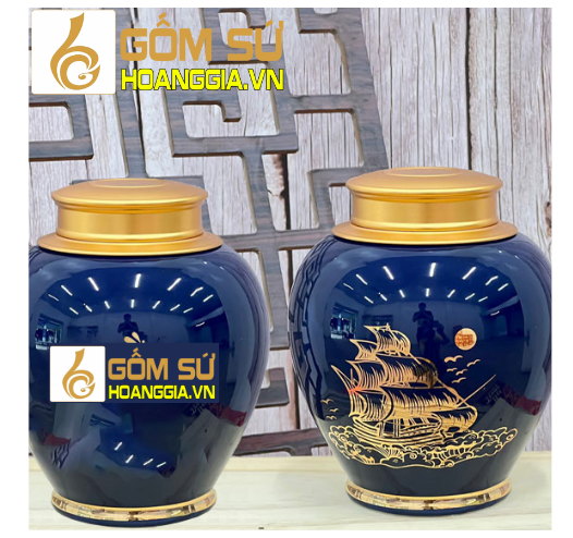 Hũ trà màu xanh dương vẽ vàng thuyền buồm in logo