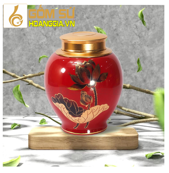 Hũ trà màu đỏ vẽ vàng hoa sen in logo