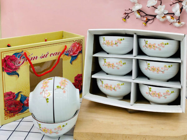 Bộ 6 chén sứ trắng hồng in hoa đào cao cấp