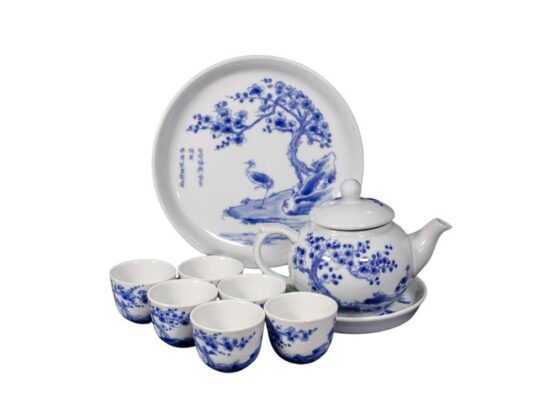 Bộ ấm chén Bát Tràng men lam chim hạc
