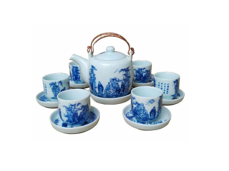 Bộ ấm chén Bát Tràng men lam cổ
