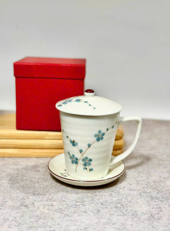 Ly sứ có nắp quà tặng men kem vẽ hoa đào