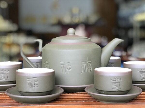 Alternative view of Bộ Ấm Trà Tử Sa Bát Tràng Tích PLT Xanh Chỉ Bạc