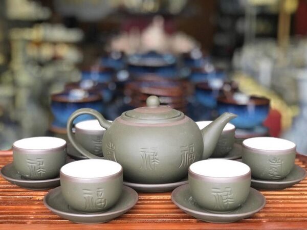 Alternative view of Bộ Ấm Trà Tử Sa Bát Tràng Tống PLT Xanh Chỉ Bạc